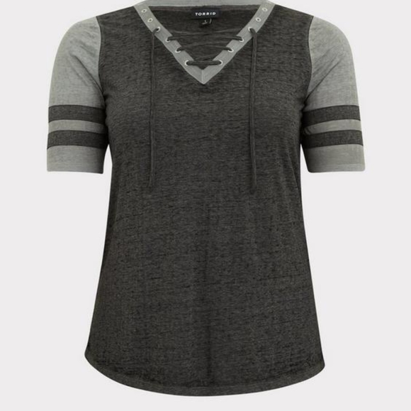 Torrid Size 28 Black & Grey Triblend Lace-up Football Tee - Picture 4 of 4